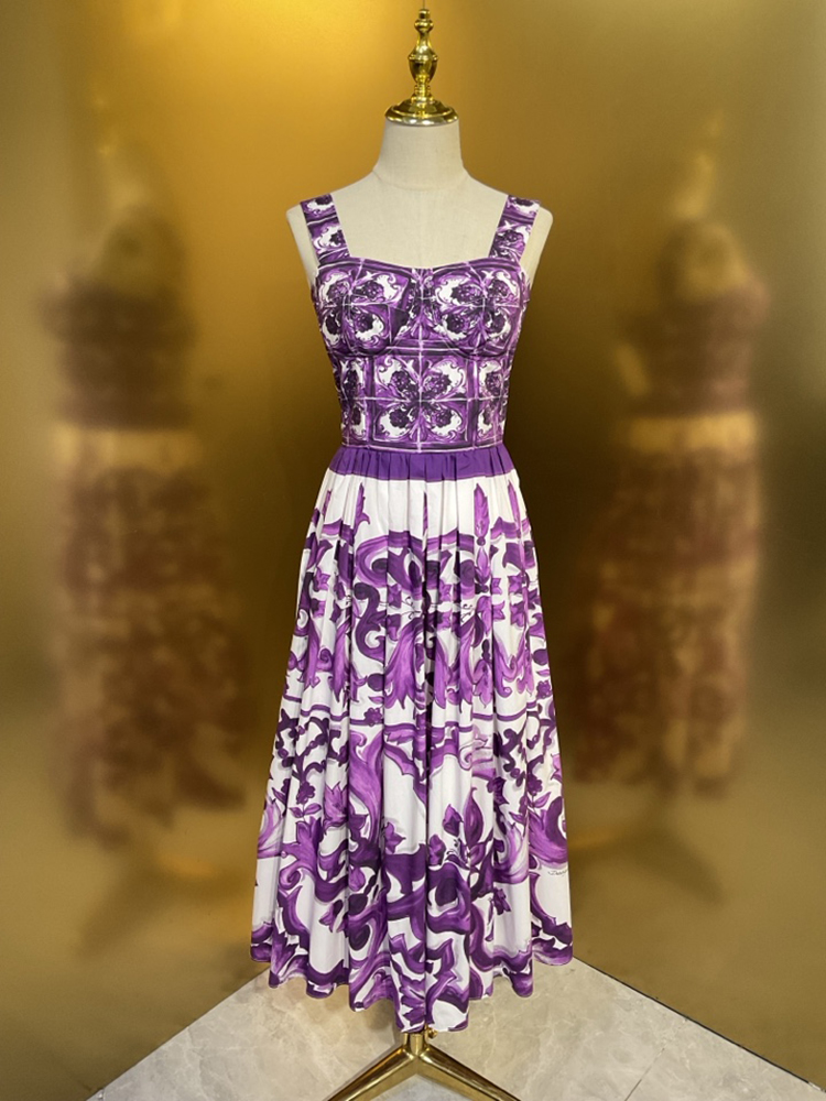 100% Cotton Purple Porcelain Printing Dresses Women Sexy Spaghetti Strap Sleeveless Party Runway High Street Vestidos Midi Lady