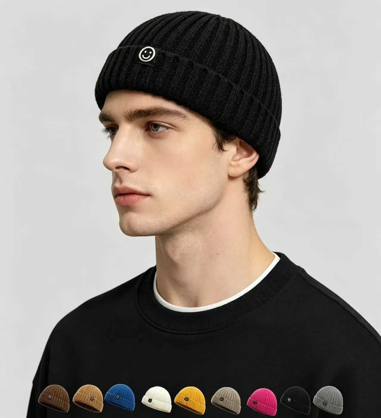 Beanie/Skull Caps Men's Warm Smile Face Patch Knit Beanie Winter Skull Cap Short Cuff Soft Ribbed Knitted Hat for Outdoor Daily WearT261017