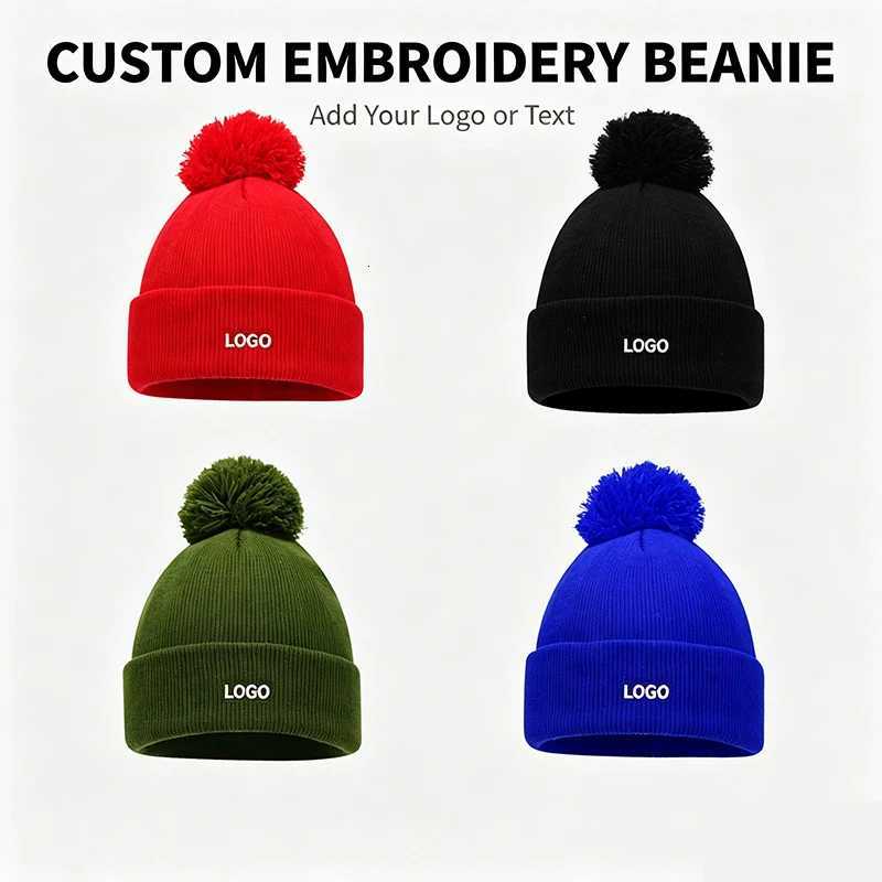 Beanie/Skull Caps Custom Embroidery Pom Beanie Winter Knit Hat Warm Skull Cap for Men WomenT261017