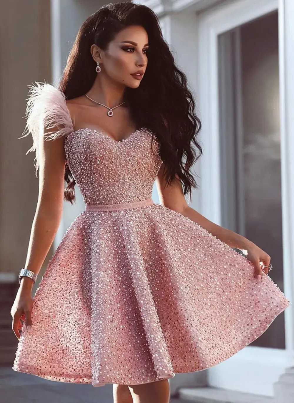 Runway Dress Luxury Pink Beaded Evening Dresses For Women catwalk Sweetheart With Feathers Formal Ocn Cocktail Wedding Prom Party Gowns Fashion Show