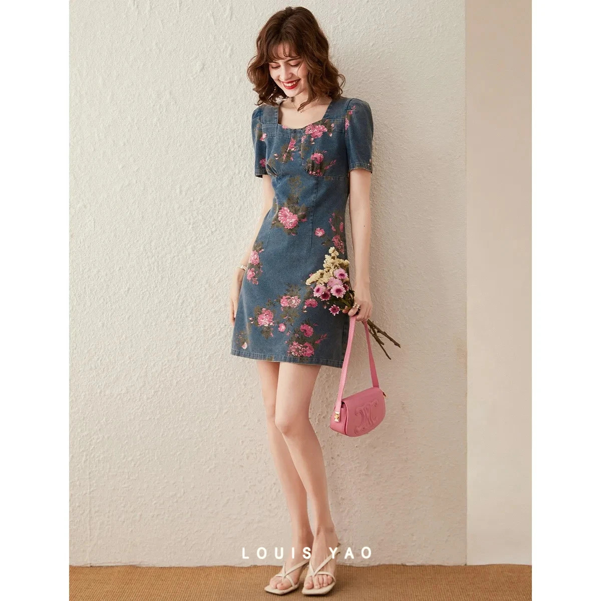 LOUIS YAO Print Denim Dress 2026 Summer Fashion Romantic Puff Sleeve Slim Fit Casual Midi Square Neck Women's 261015