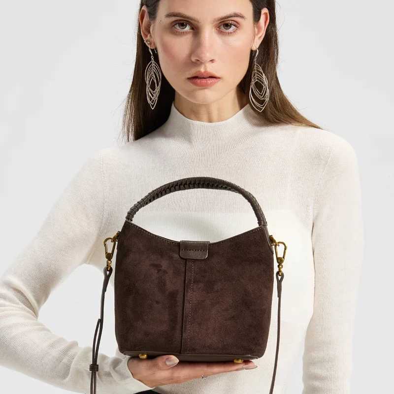 Evening Bags Designer Genuine Suede Cowhide Women Bucket Handbag Braided Woven Top Handle Real Leather Hobo Bag Ladies Shoulder Purse H261016
