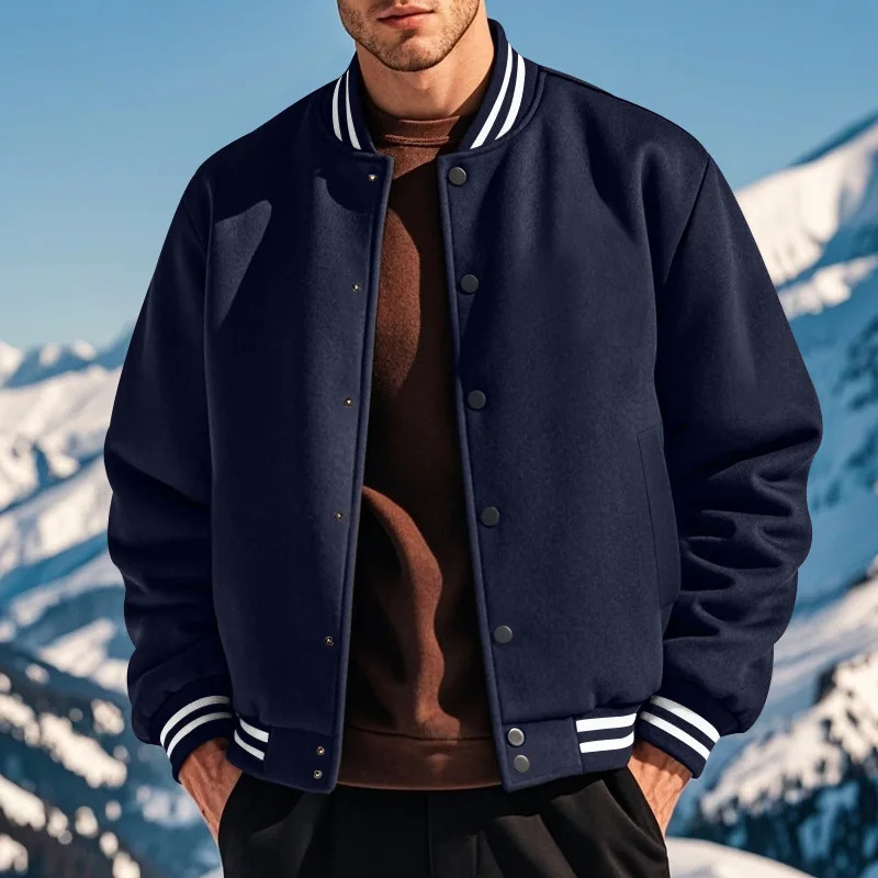 Mens baseball jacket autumn and winter fleece American solid color loose casual standup collar singlebreasted flight 261016