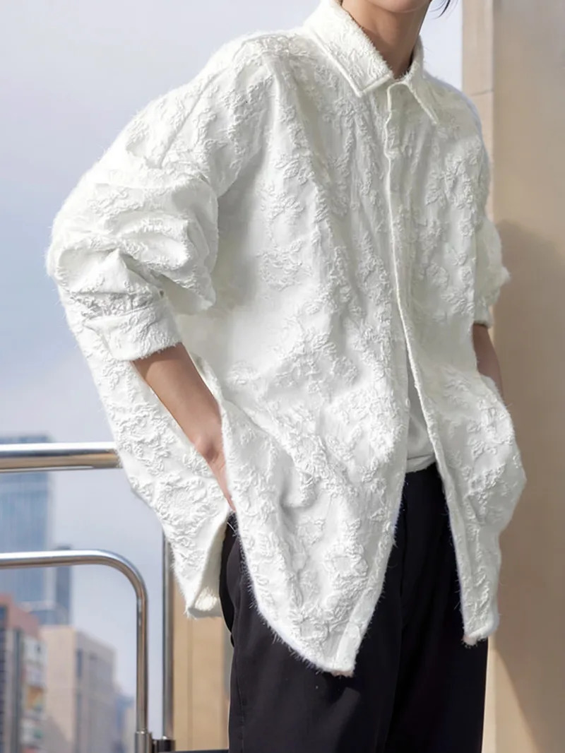 2XL White Crumpled Jacquard Shirt Loose Fashion Solid Color Casual Turn-down Collar Top All-match Bat Wing Sleeve P7W 261015