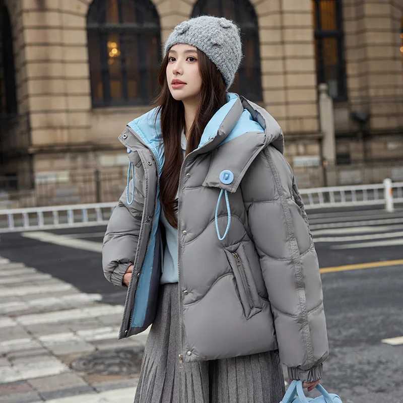 Women's Down Parkas Winter Women's Parka Coat Color Blocked Drwastring Hooded Cropped Lady's Padded Coat Casual Loose Fit Quilted Jac