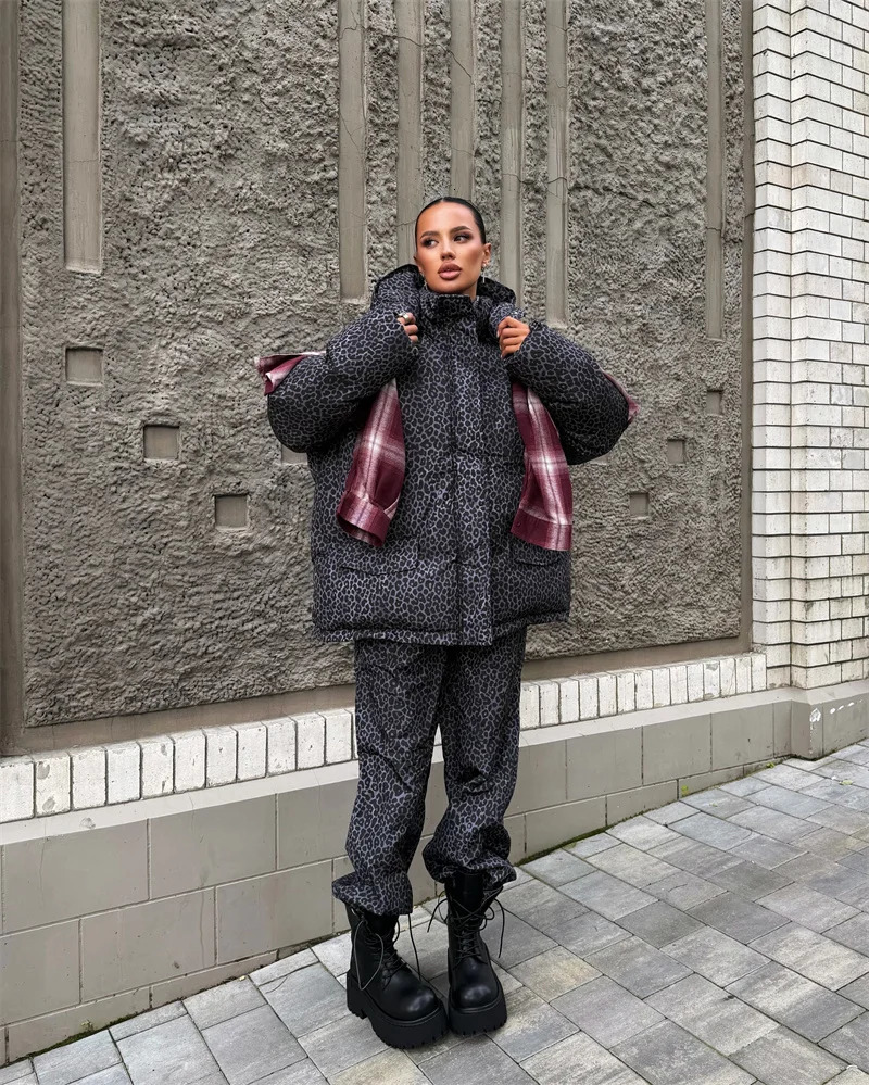 Leopard Print Womens Winter Outfit Sets Oversized Hooded Puffer Jacket Wide Pants Warm Padded Tracksuit Streetwear Snow Suit 261016