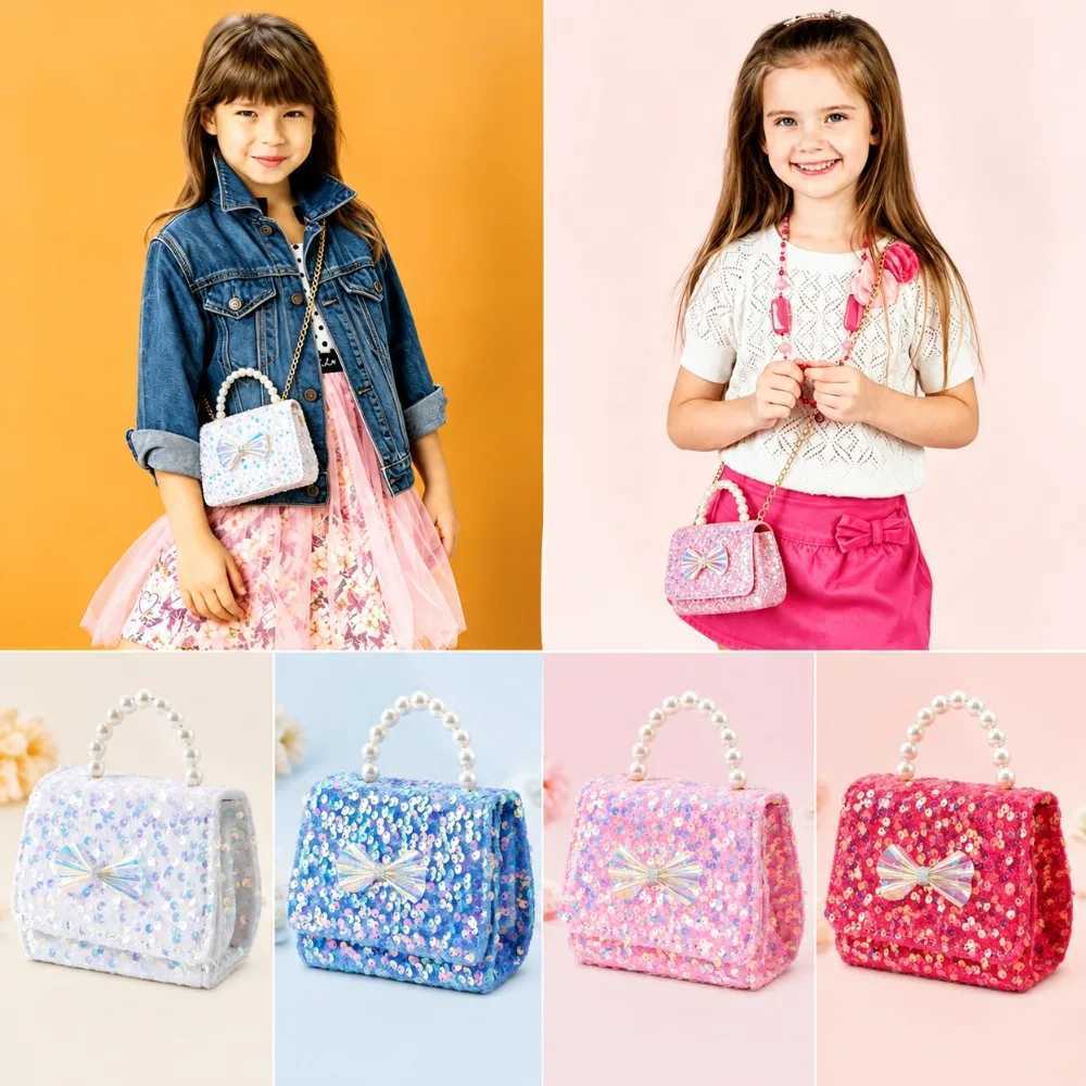 Cute Sequin Princess Crossbody Bag Glitter Bowknot Girls Purse Pearl Handle Detachable Strap Handbag L2610177P8P