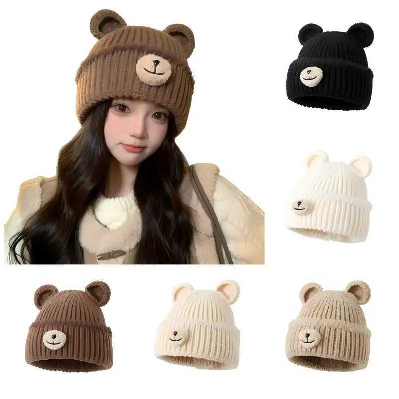 Beanie/Skull Caps Korean Style Autumn and Winter Hat for Women Bear Ears Sweet and Cute Versatile Woolen Knitted Hat Ear Protection Warm Cold Hat Q2