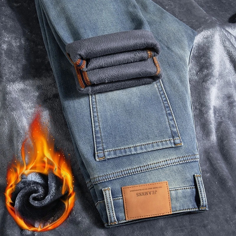Winter Plush Thick Jeans for Men Slim Fit Straight Leg Highend Retro Trendy Elastic Long Pants 261016