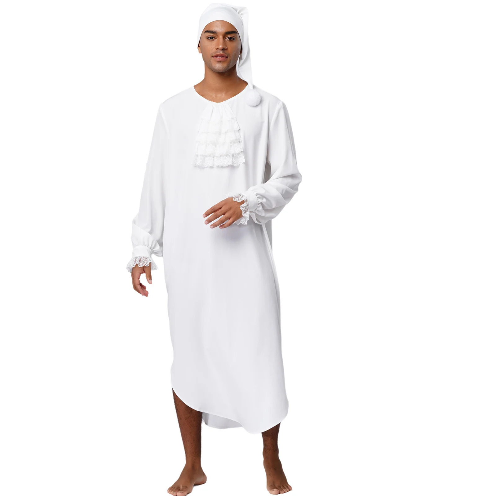 Men Long Sleeve Victorian Style Lace Trim Nightgown Soft Loose Sleep Robe with Nightcap Pajama Nightwear Sleepwear Homewear 261017