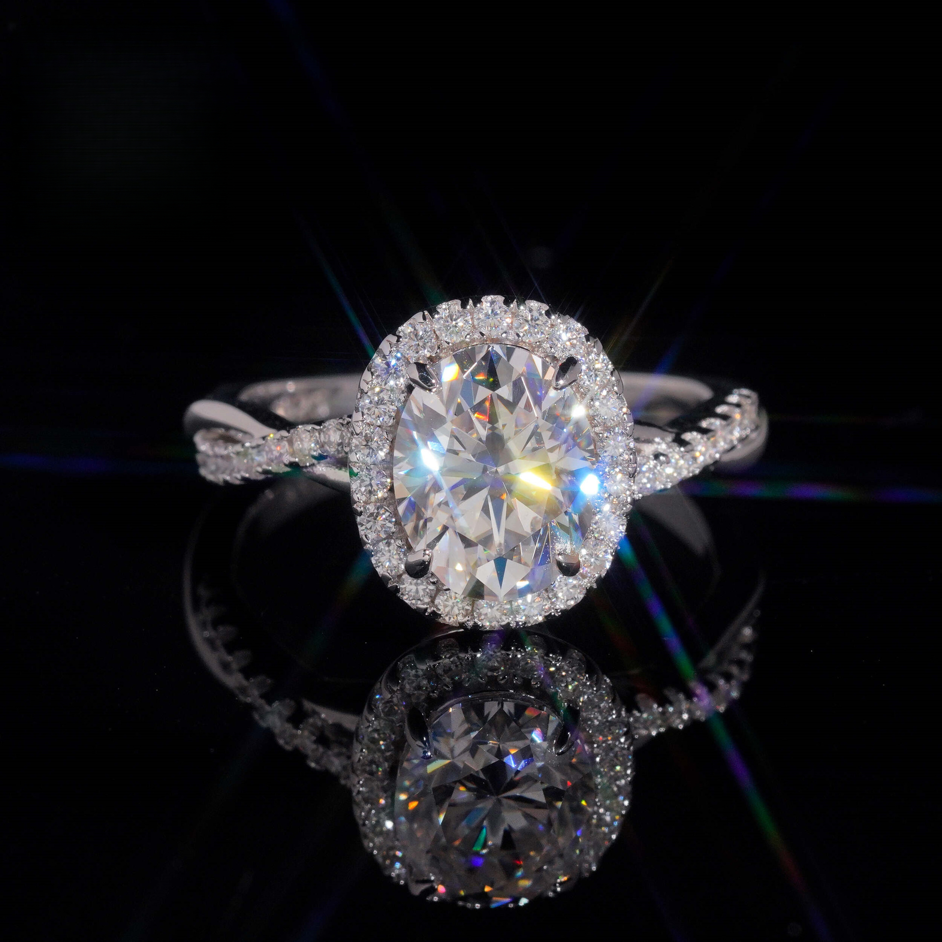 bestseller: S925 silver, 2-ct oval-cut moissanite ring, twisted band with full halo of diamonds, for women, engagement ring