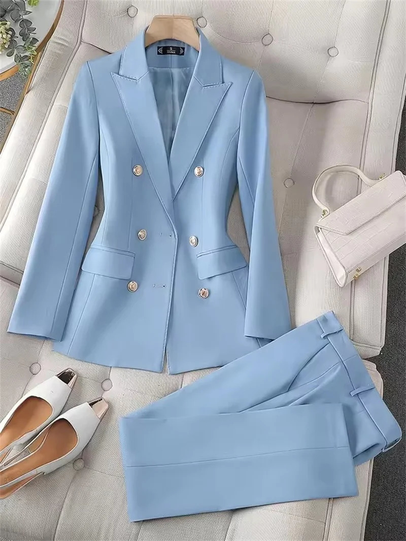 Fashion Office Ladies Pant Suit 2 Piece Sets Women Solid Double-breasted Business Work Wear Blazer Jacket and Trouser Female 261016