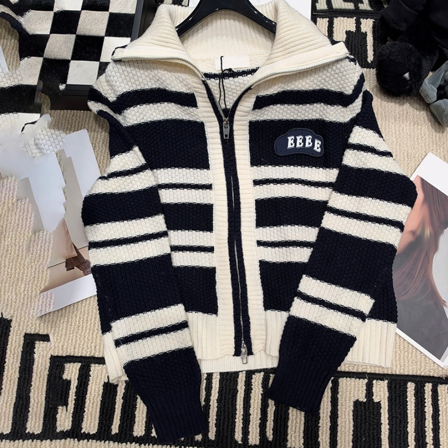 Elegant Striped Knit Cardigan For Women Luxury Contrast Color Zipper Fit Sweater Coat Autumn Winter Loose Street Style Cardigan