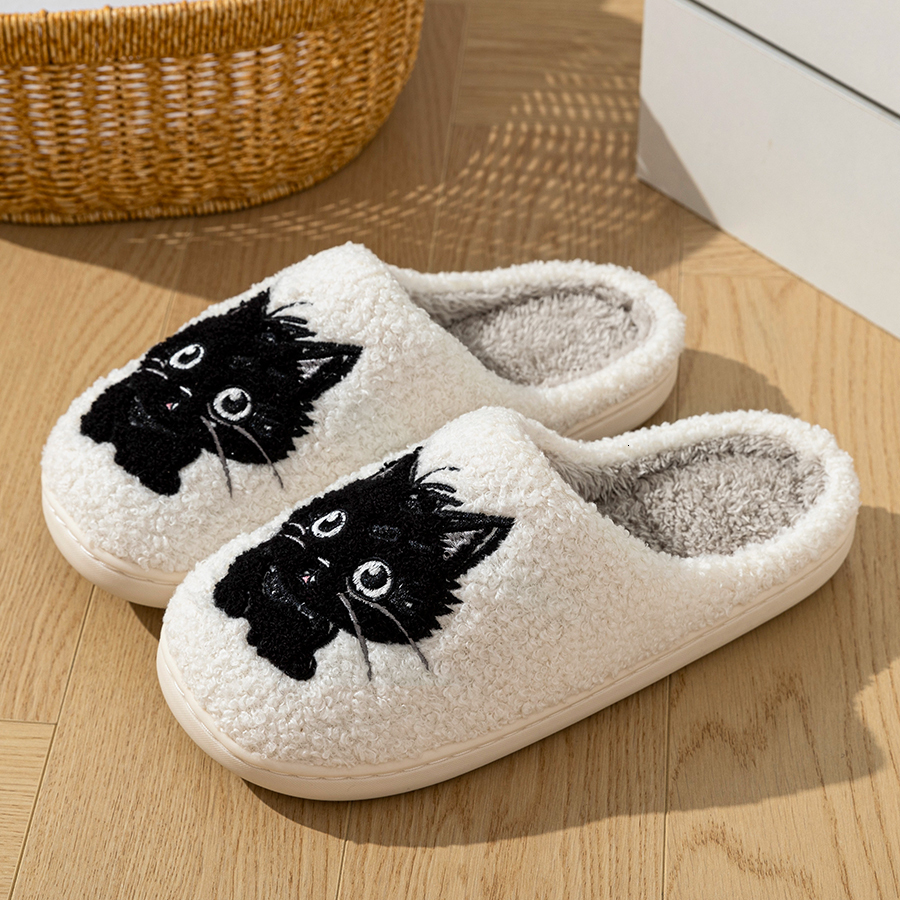 Winter Women's Slippers Indoor Cartoon Black Cat Cute Girls Slipper Bedroom Anti-slip Soft Sole Comfortable Cotton Homeshoes ddmykukumalu