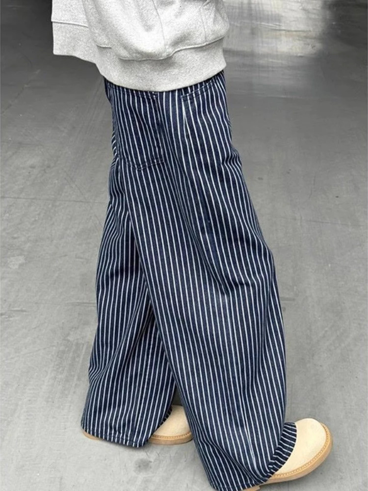 HOUZHOU Vintage Blue Striped Jeans Women Y2k Hip Hop Grunge Straight Denim Trousers Punk High Waist Streetwear Wide Leg Jeans 261015