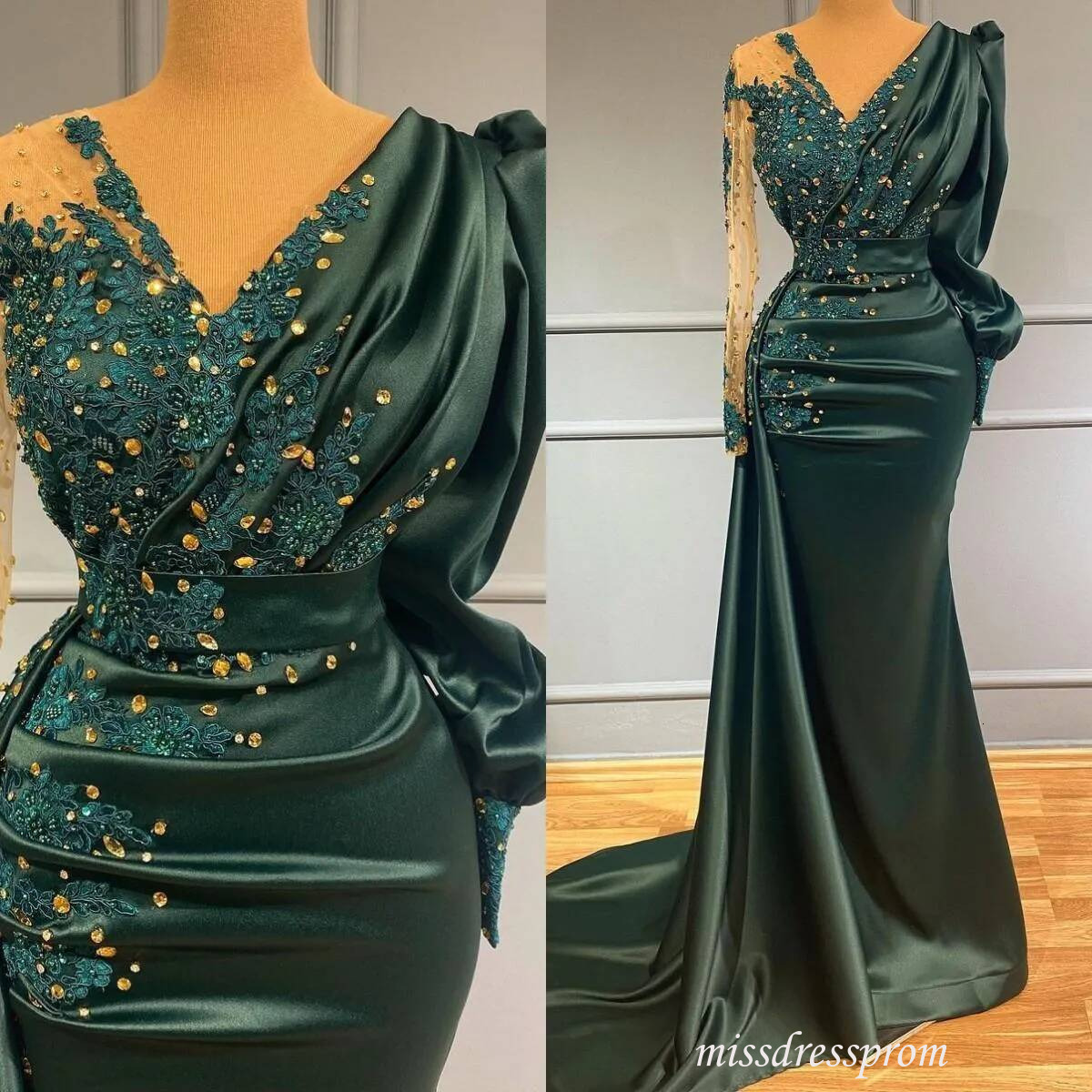Dark Green Mermaid Prom Dresses Beaded V Neck Long Sleeve Evening Gowns Party Dress Special Occassion Robe De Soiree