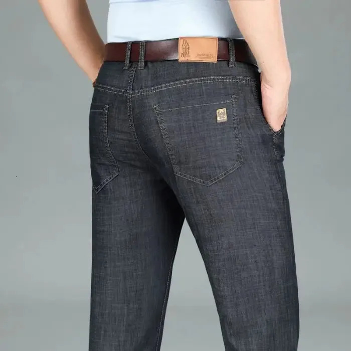 2026 Seasons Lightweight Fit Straight Mens Jeans Classic Business Clothes Thin Cotton Elastic High Waist Casual 261017
