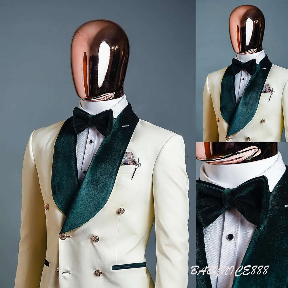 Suits Men Tuxedos 1 White Piece Wedding Tuxedo Green Veet Shawl Lapel Double Breasted Pockets Customize Coat Pants Fashion Formal Casual Prom Tailor