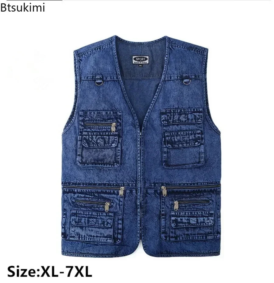 2026 Men's Pure Cotton Denim Vest Multi-pocket Loose Casual Sleeveless Jacket Male Hiking Fishing Travel Waistcoat Plus Size 261015