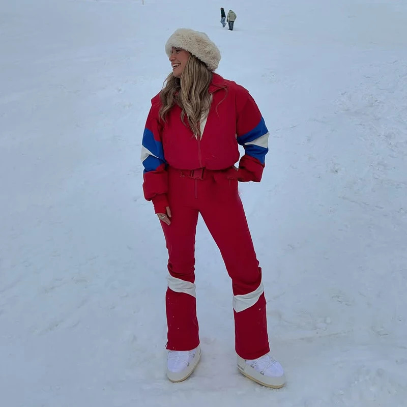 Womens One Piece Color Block Red Blue White Ski Jumpsuit Belted Waist High Stand Collar Windproof Snow 2026 Winter Sports Suits 261016