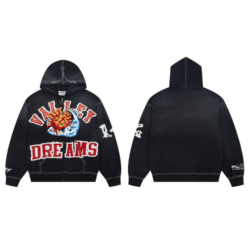 Vallshirt Hoodie Vintage Graphic Zip Up Designer For Men Women Unisex Washed Black White Pullover Loose Sweatshirts Retro Vale Dream Jacket 606
