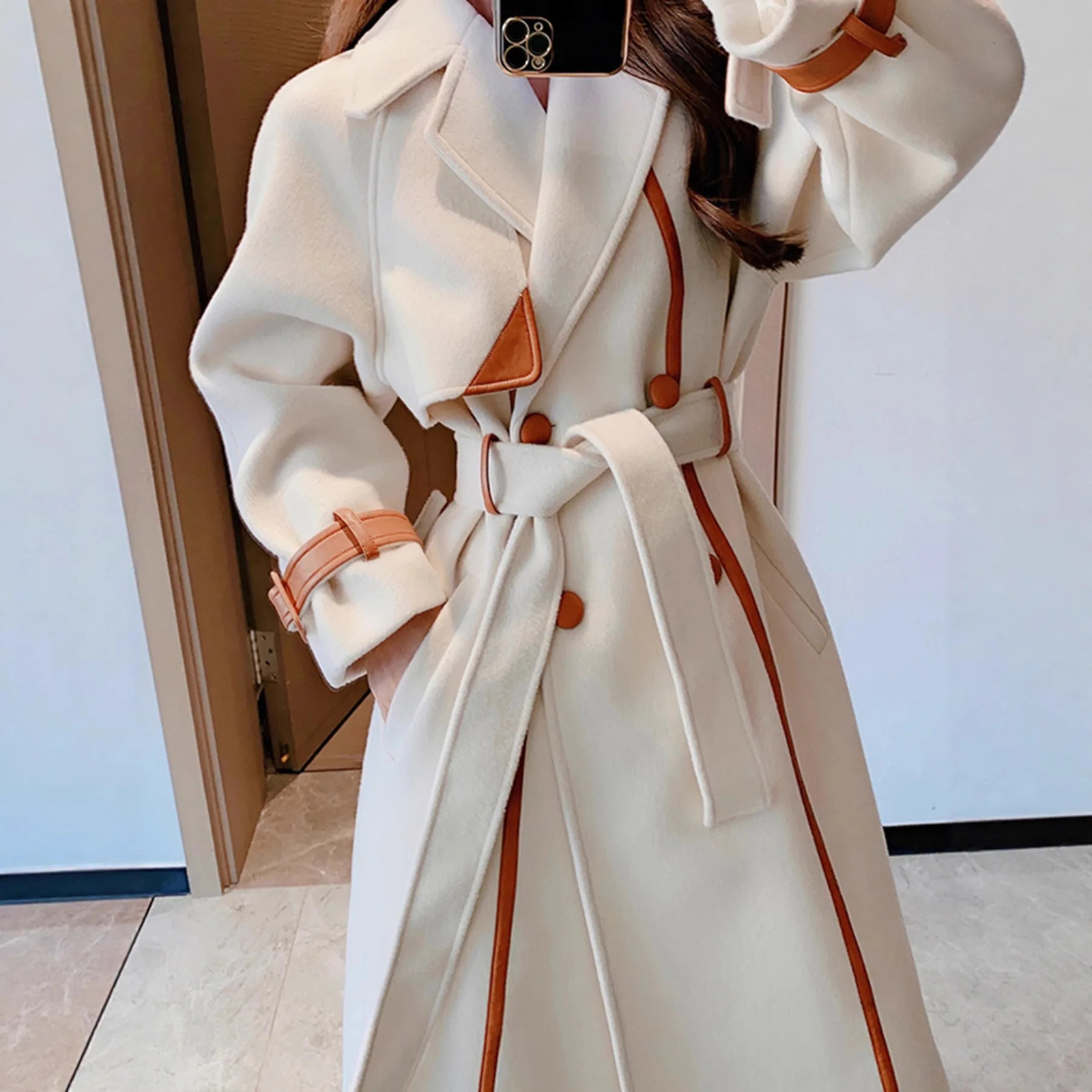 Hepburn Women's Woolen Coat Mid-Length Turn-down Collar Double Breasted Belted Thick Warm Wintery Autumn est Outerwear Coats 261016