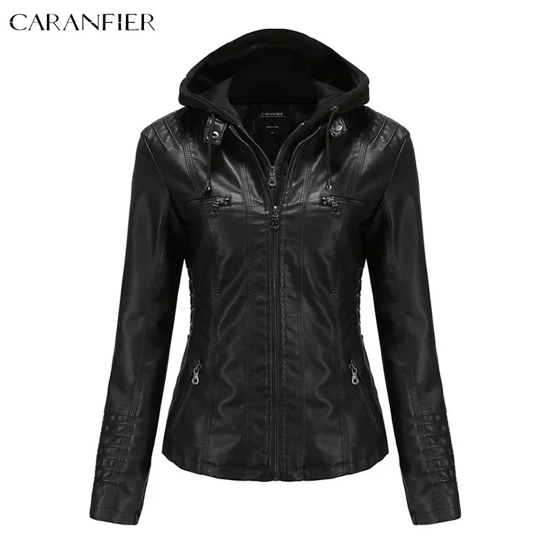 CARANFIER Women Jacket Faux Leather PU Hooded Jackets Female Winter Spring Motorcycle Streetwear Goth Coats Detachable Hat 261016