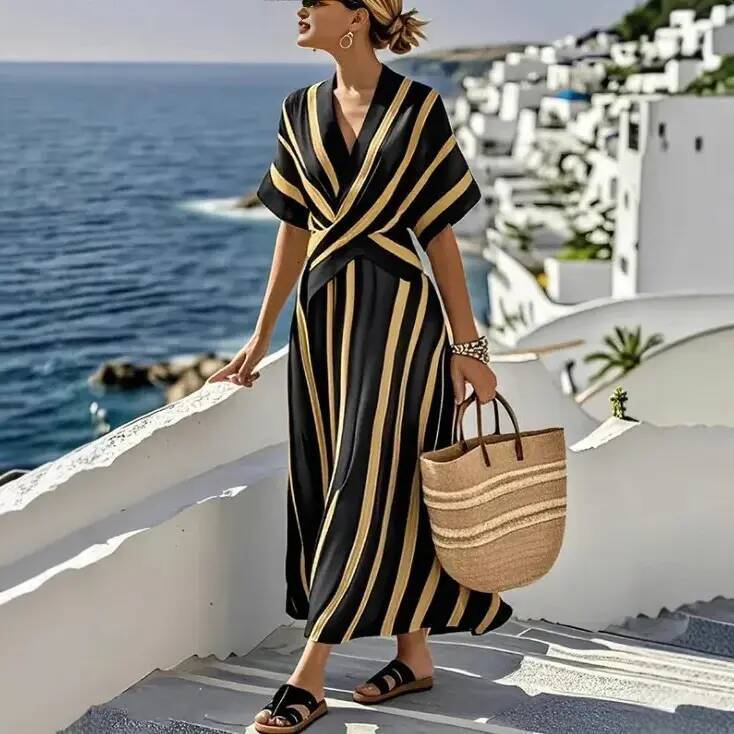 Women Casual Dress Women Casual Dress Loose Retro Striped Everyday Print Holiday Summer Short Sleeve Everyday V Neck Robes Boho everyday Beach Pleat