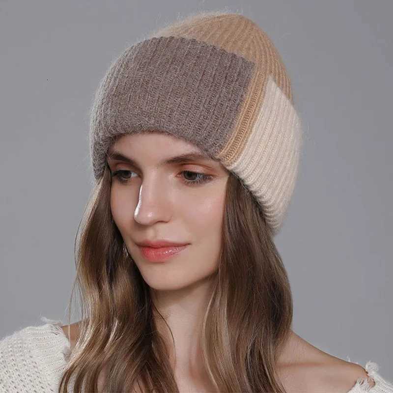 Beanie/Skull Caps 2023 Rabbit Fur Winter Hat for Women Beanies Soft Warm Fluffy pinkycolor Angora Knitted Hat Skullies Beanies for free shipping Q26