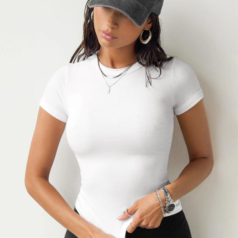 Designer Ribbed Slim Fit Short Sleeve T-Shirt Solid Color Round Neck Streetwear Casual Summer Basic Top For Women