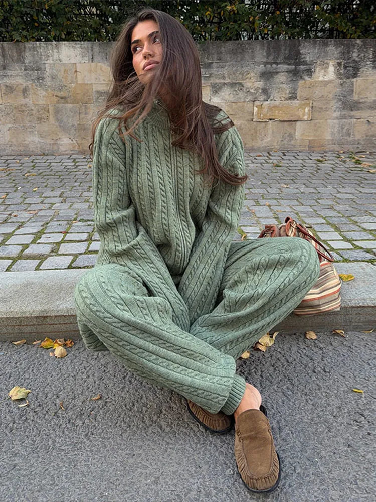 Women Solid Turtleneck Cable Knit Sweater Wide Leg Pants 2 Piece Set Long Sleeve Half Zip Pullover 2026 Casual Loungewear Suit 261016