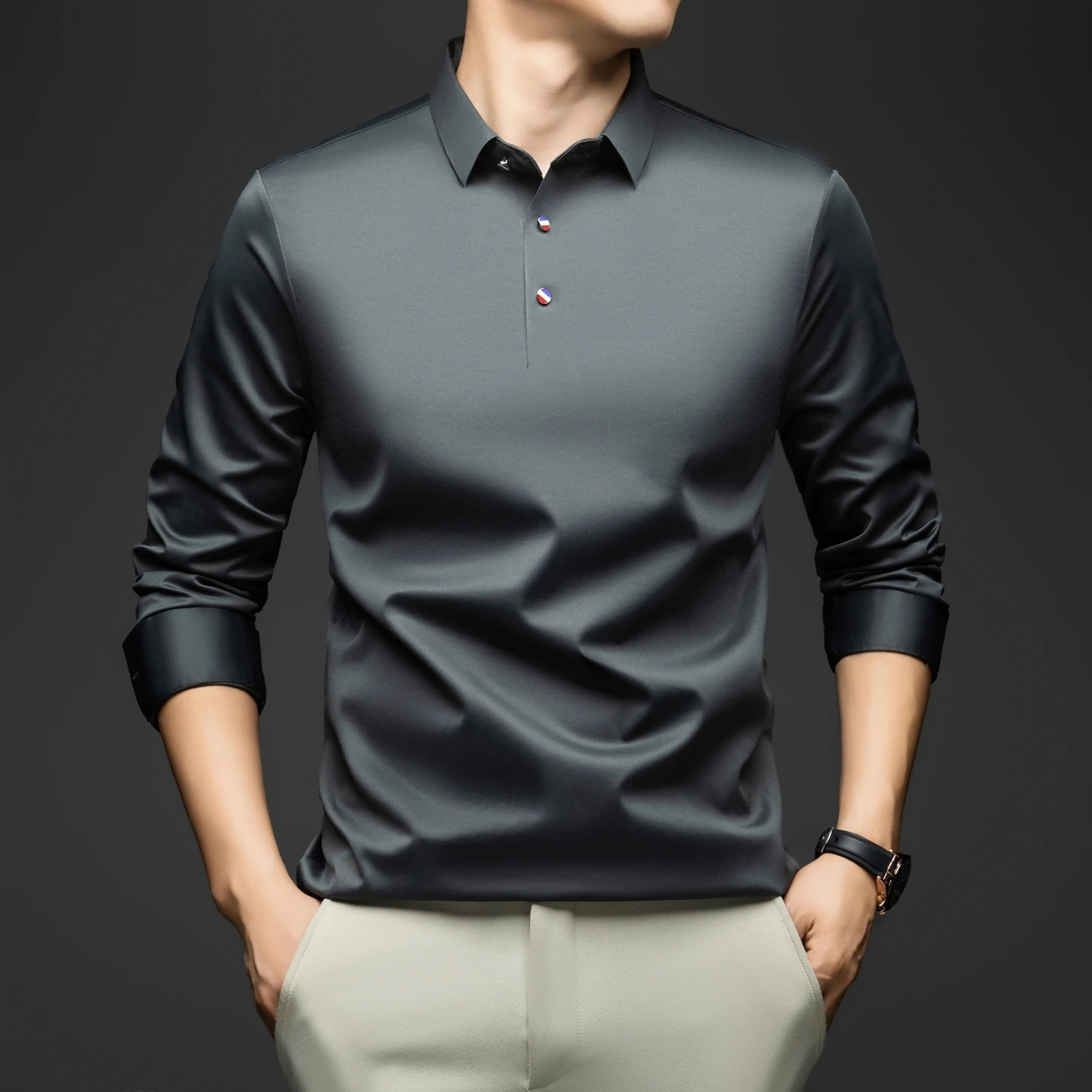 BROWON 2026 Spring Autumn Casual Work Tops Man Tshirt Long Sleeve Solid Color Soft Elegant Business Mulberry Silk T Shirt 261017