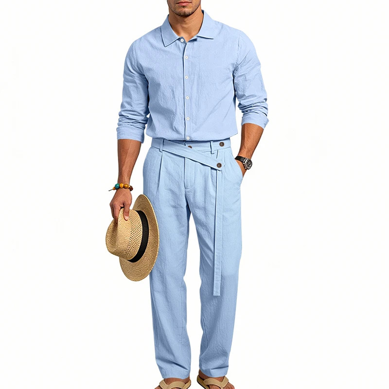 Mens TwoPiece Linen Set with LongSleeve ButtonUp Shirt Casual Pants Tie n Suitable for Spring and Summer 261017