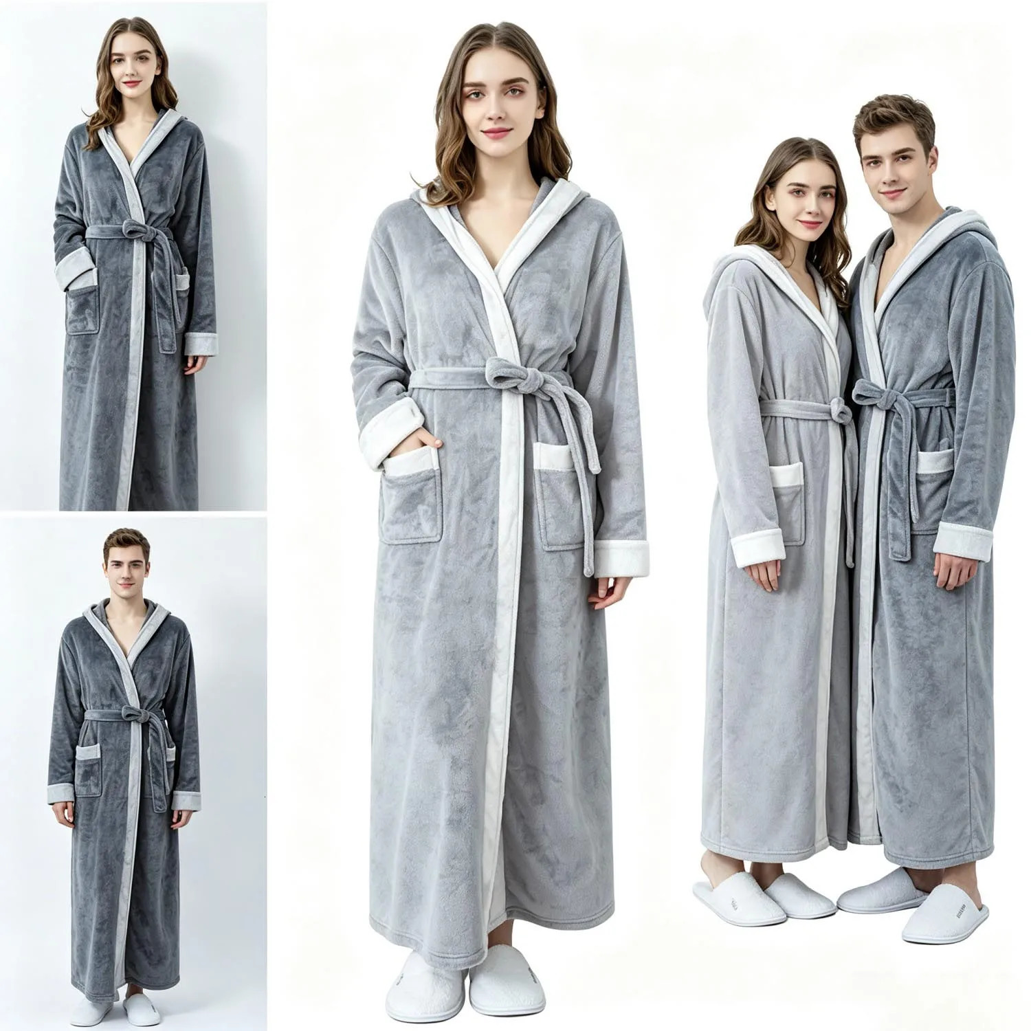 Winter Thermal Hooded Couple Robe Soft Flannel Fleece Extra Long Bathrobe Men Women Casual Home Sleepwear With Waist Belt 261017