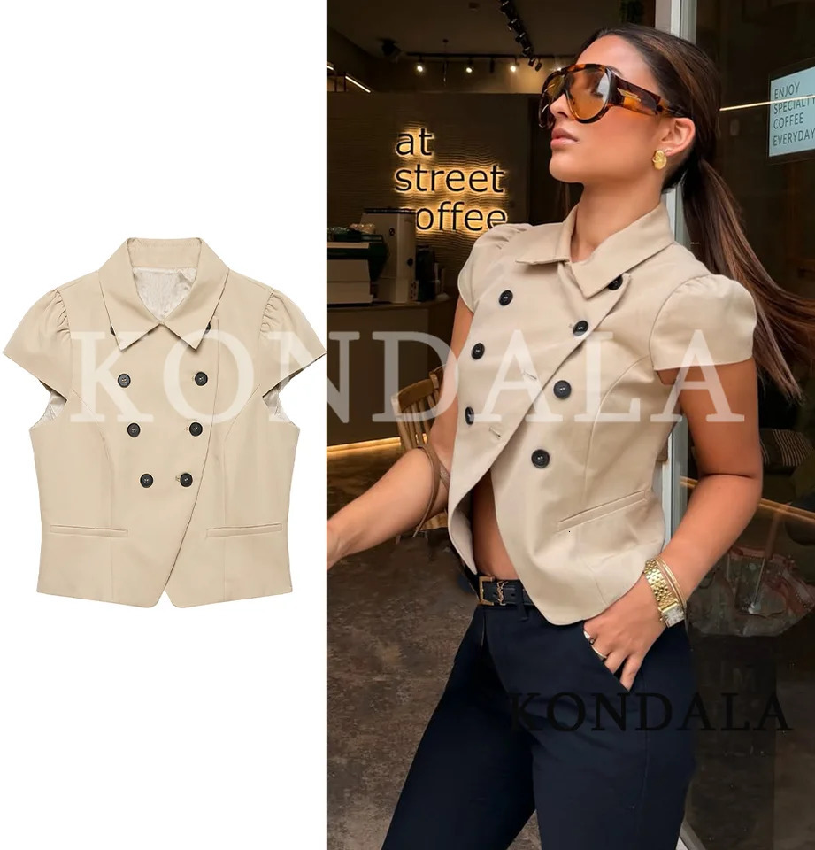 KONDALA Women Commute Chic Short Sleeve Blazer Double Breasted Slim Fit Elegant 2026 Summer Trendy High Street Casual Top 261015