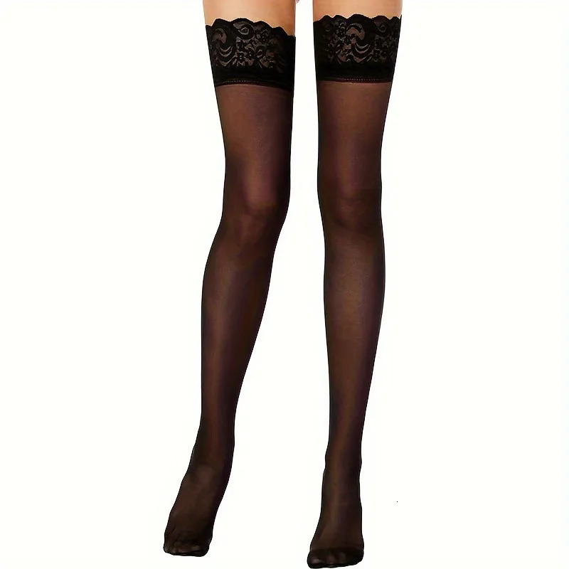 Women's Black Lace Thigh High Stockings Sheer Over Knee Hosiery with Wide Elastic Top for Dresses Party and Daily Wear 261015