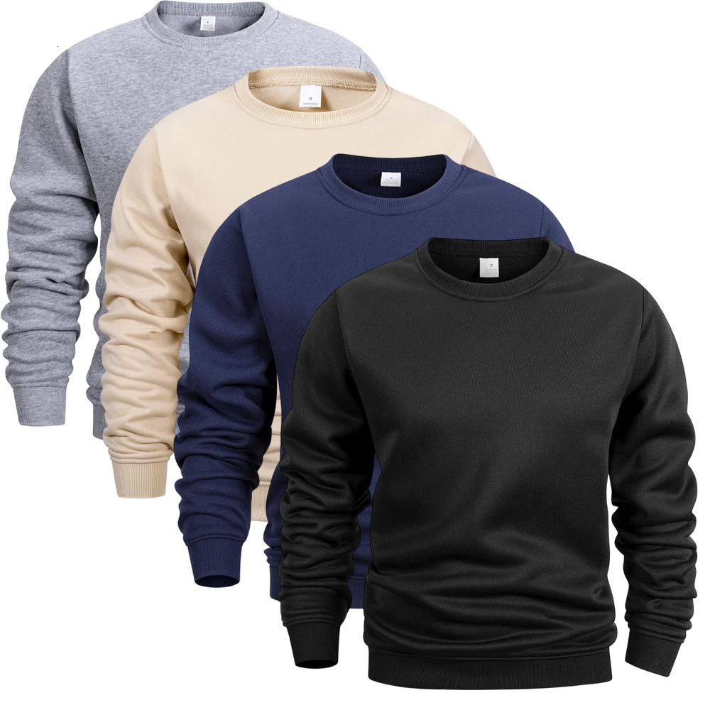 Men's Crew Neck Hoodies Autumn Winter Fleece Warm Casual Loose Pullover Solid Color Round Neck Sport Long Sleeved Sweatshirt 261015