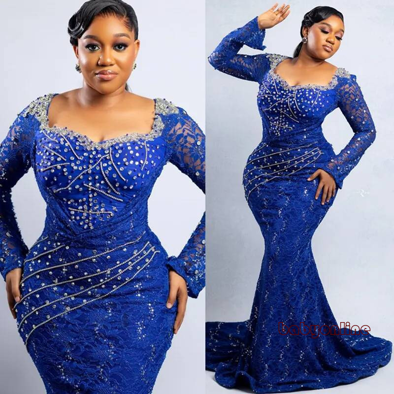 Plus Size Royal Blue Mermaid Prom Dress Evening Dresses Robe De Sorrie Sheer Neck Long Sleeves Beaded Sequin Lace Crystal Birthday Second Reception