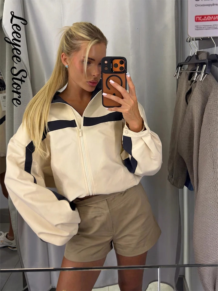 Womens Jackets Beige Black Zip Collar Crop Jacket Lapel Loose Streetwear Spring Autumn Chic Sports Outfits Short Coats 2026 261016