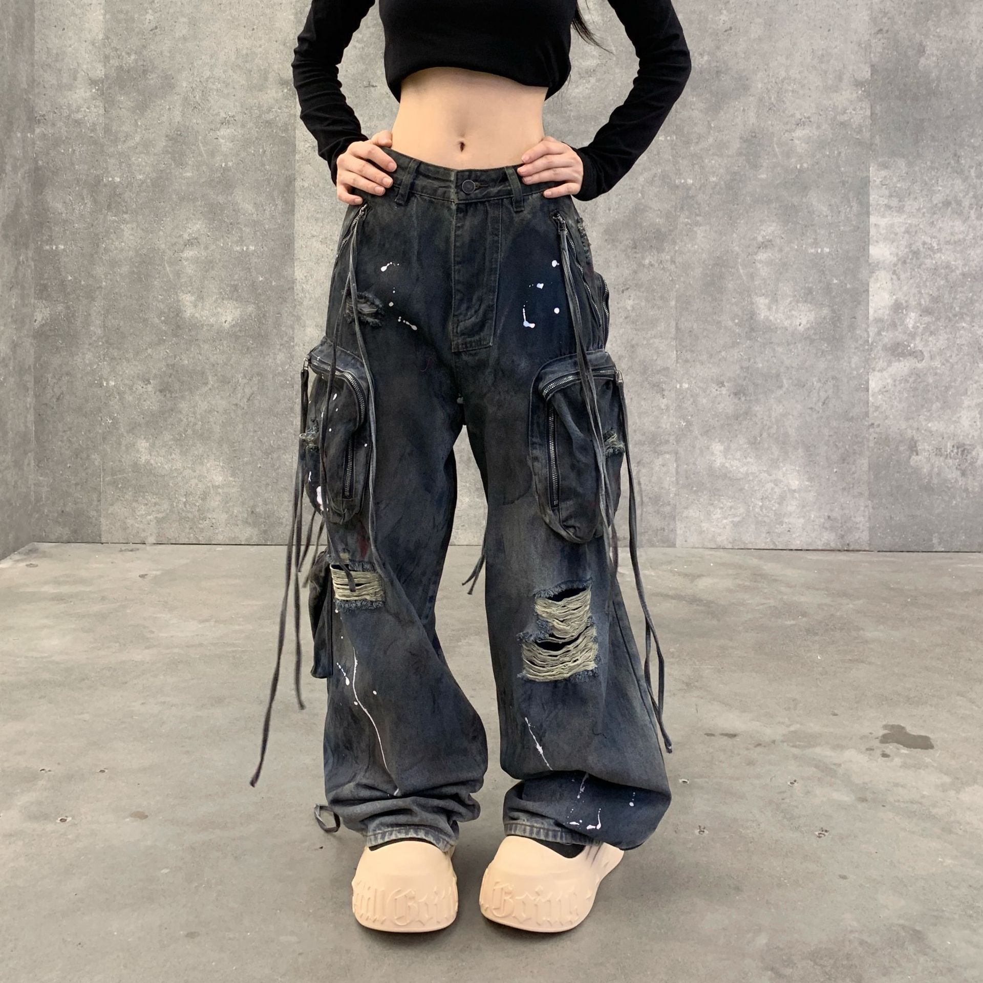 Men Women American Style Washed Distressed Multi Pocket Workwear Jeans Straight Loose Wide Leg Denim Pants Vintage Street Style Casual Daily Wear Lo