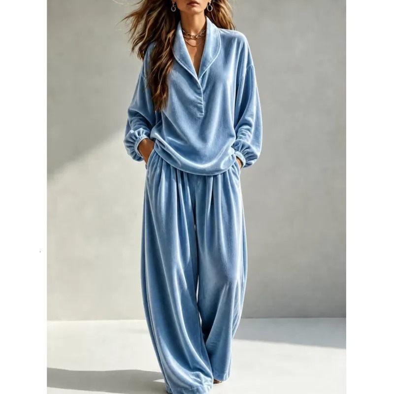 Casual Loose Wide Leg Pants Set Womens Winter Warm Suit Fashion Lapel Top With Pants Twopiece Set Ladies Solid Office Outfit 261016