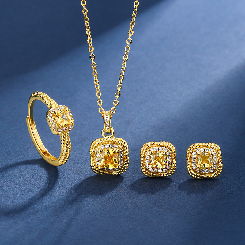 Vietnam Diamond Pendant For Women Simple Small Sugar Cube Ring Earrings Copper Gold Plated Jewelry Set