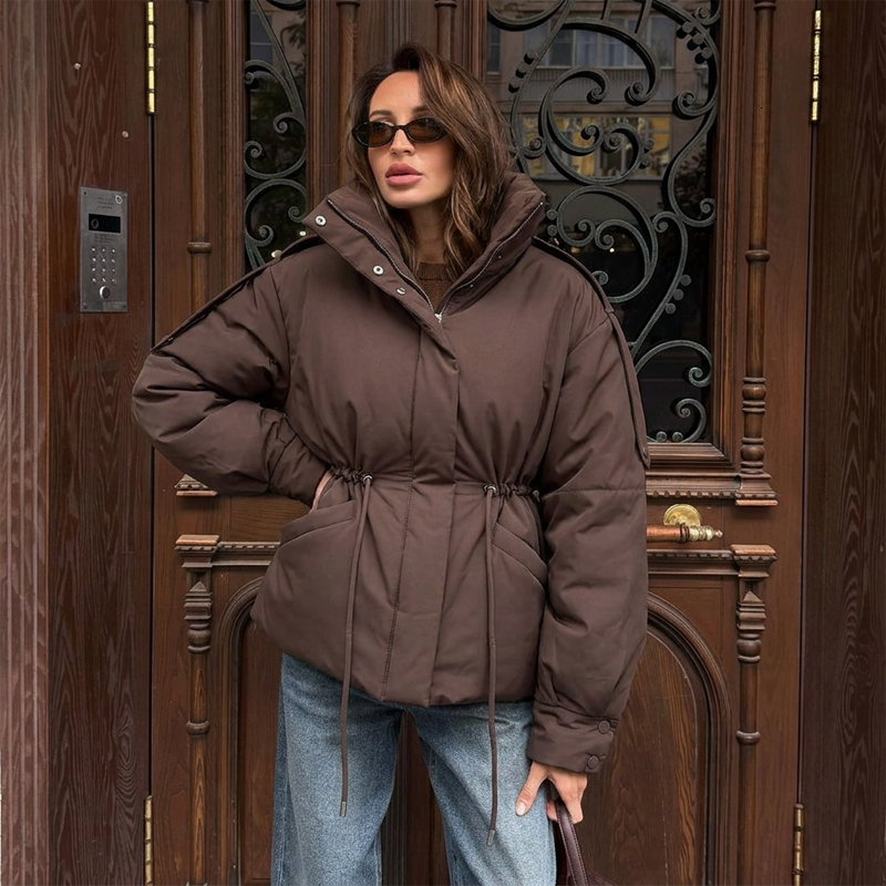 Women Puffer Down Jacket Coat Women Brown Drawstring Waist Puffer Jacket Stand Collar Warm Cotton Padded Coat Casual 2026 New Oversized Winter Parka