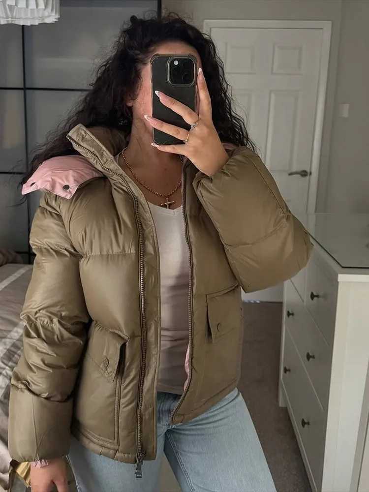 Women's Down Parkas Hooded Zipper Panelled Women's Cotton Jacket Full Sleeve Loose Pockets Short Lady 2026 Winter Fashion Casual Female Co