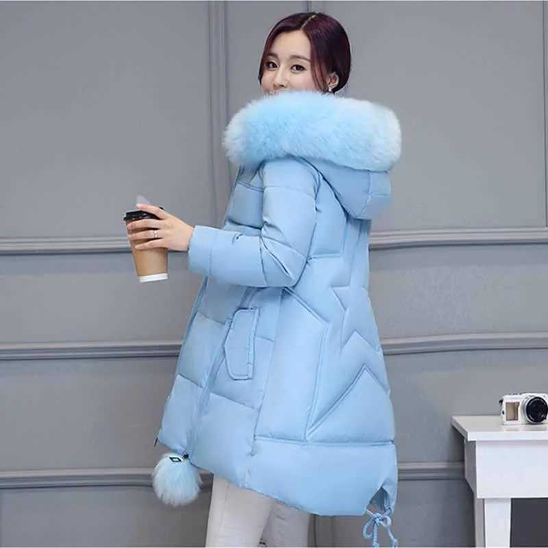 Women's Down Parkas Autumn Winter New Women's Parka Thick Down Cotton Jacket Fur Collar Hooded A-line Type Long Cotton Padded Coat Female