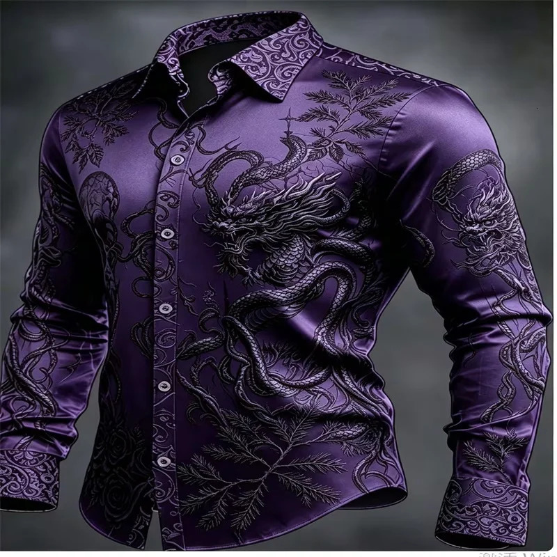 Men y Purple Satin Long Sleeve Shirt Black Chinese Dragon Print Glossy Button Down Shirt Party Wedding Formal Male Dress To 261014