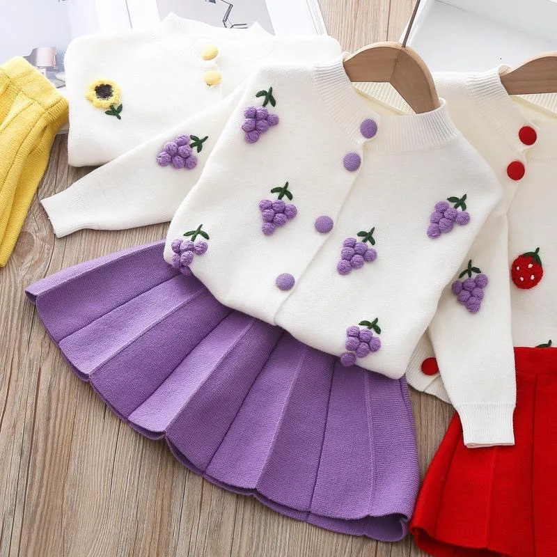 2 3 4 5 6 Years Cute Spring Autumn Girls Clothing Set Cartoon Grape Sweater Coat And Skirt 2Pcs Knitting Suit For Kids 261015