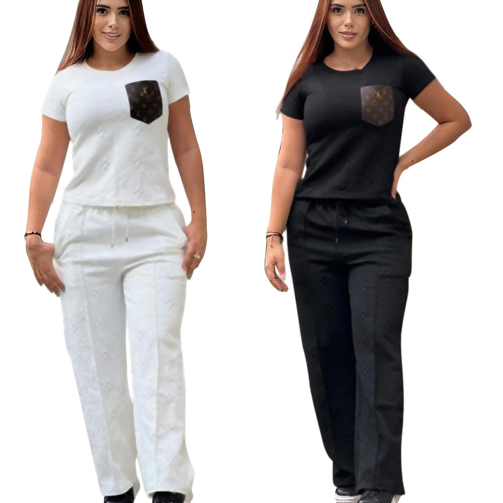 Women High Quality Diamond Jacquard 2 Piece Pant Set Summer Crew Neck Short Sleeve Tee & High Waist Straight Pants Casual Matching Outfit For Daily