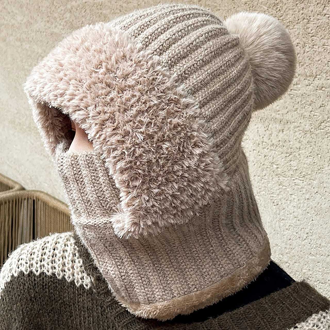 Beanie/Skull Caps Solid Color Balaclava Hat for Women Winter Warm Thicken Full Fave Cover Anti-Sold Neck Protection Cap Girl Windproof Beanies Hat Q