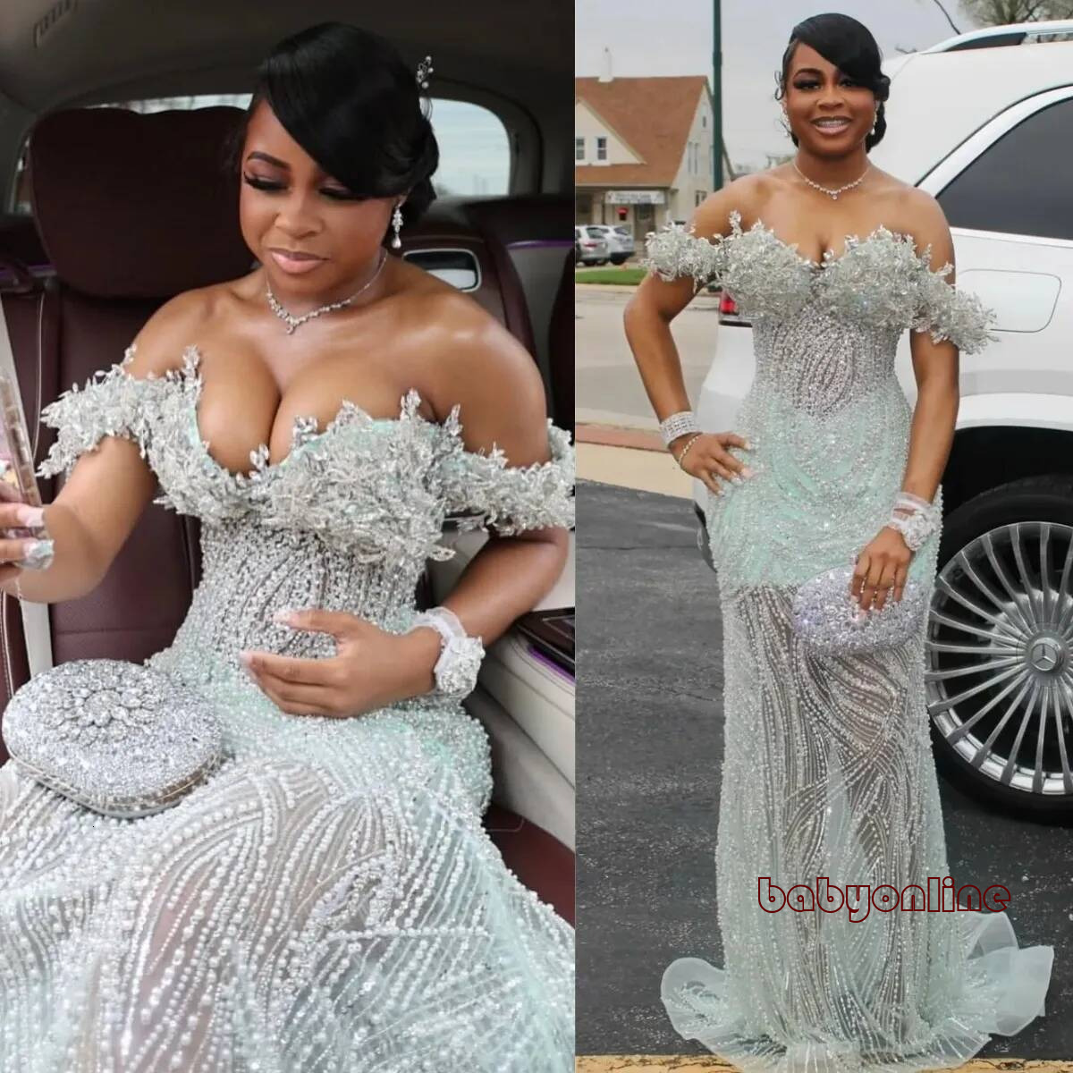 Aso Ebi Mint Prom Dresses Off Shoulder Pearls Crystals Beaded Sequined Lace Evening Formal For Nigeria Black Women Birthday Gowns Am3375